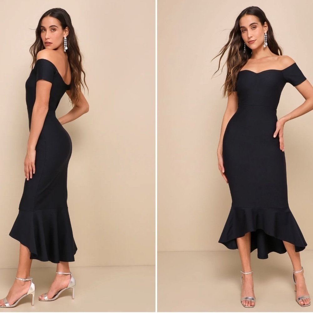 Lulu's Navy Blue Off-Shoulder Mermaid Midi Dress